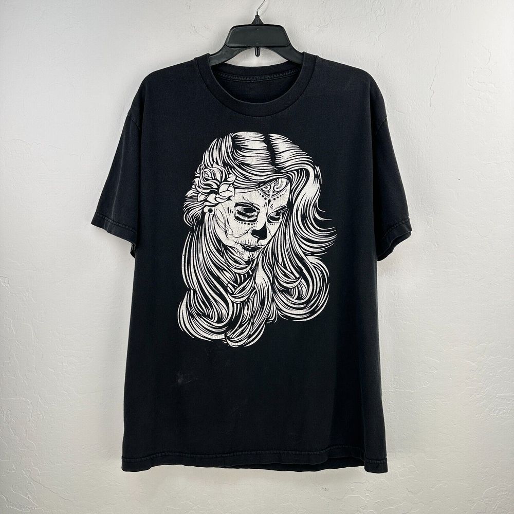 Tshirt‎ Mens L Black White Dia De Los Muertos Sugar Skull Woman Grunge Holiday